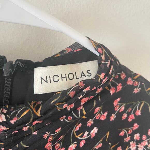 Nicholas Floral Print Silk Midi Dress Womens 4 Black Sleeveless Splits Cocktail - Picture 5 of 12
